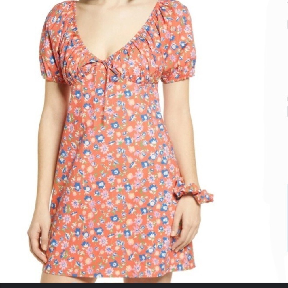 Wayf Floral Puff Sleeve Mini Dress in Floral Orange Print Size Small